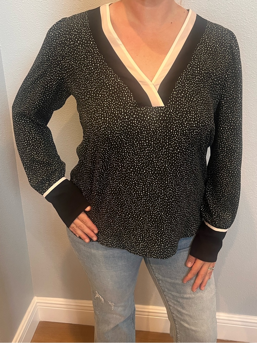 LOFT Black V-Neck Long Sleeve Top with White Trim